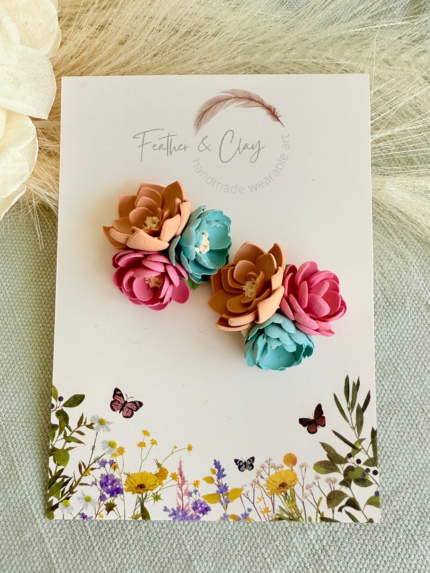 Medium Flower Cluster - light terracotta, dusty blue, pink