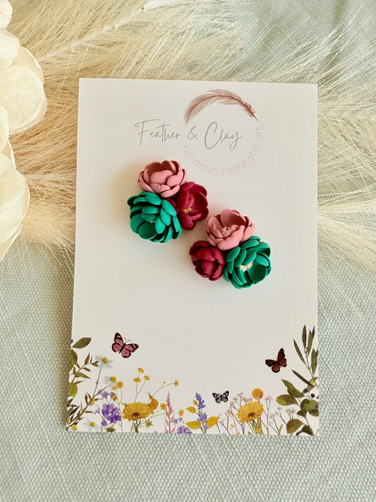 Medium Flower Cluster - dusty pink, green, red