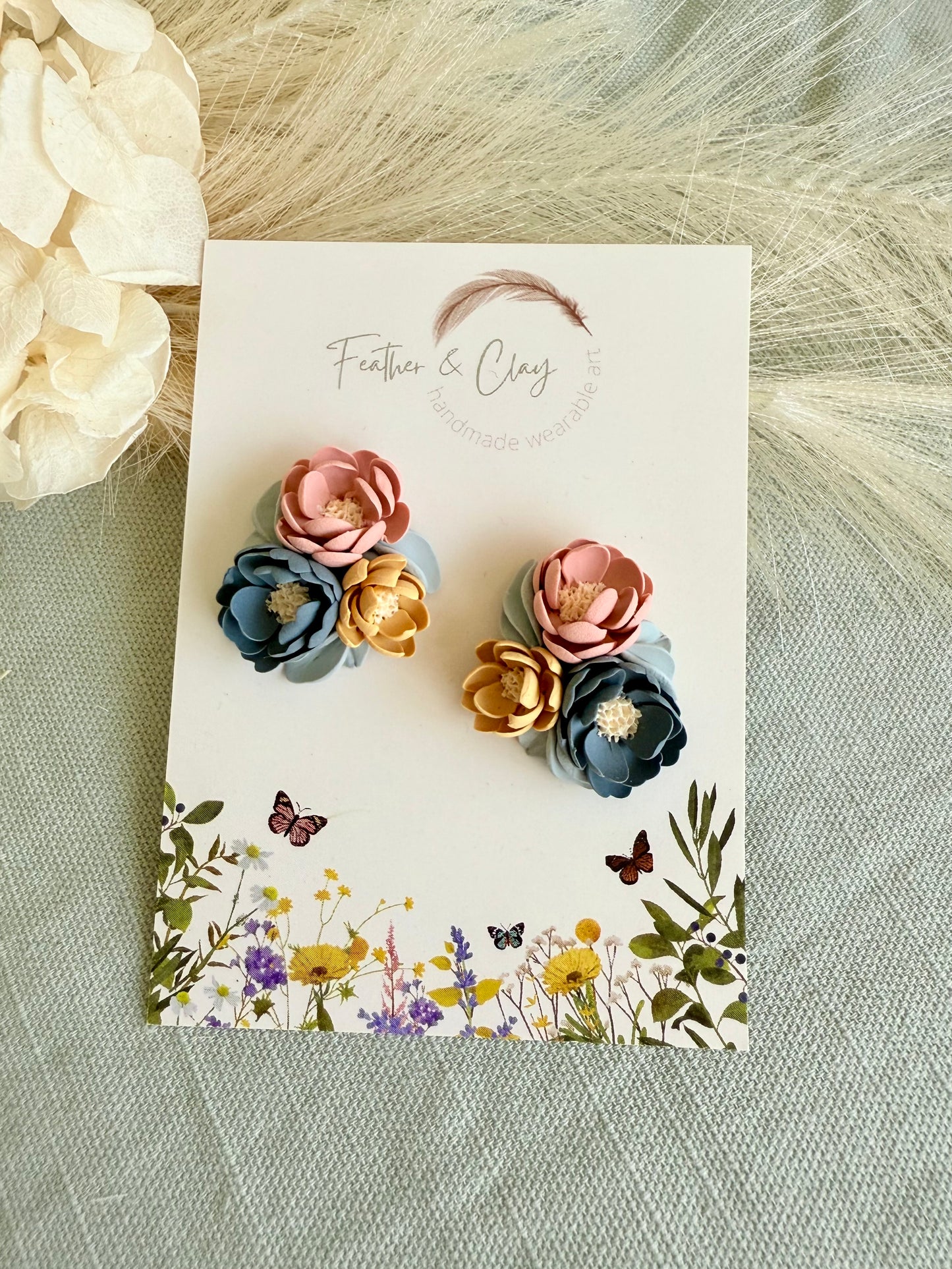 Medium Flower Cluster - soft yellow, dusty pink, dusty blue