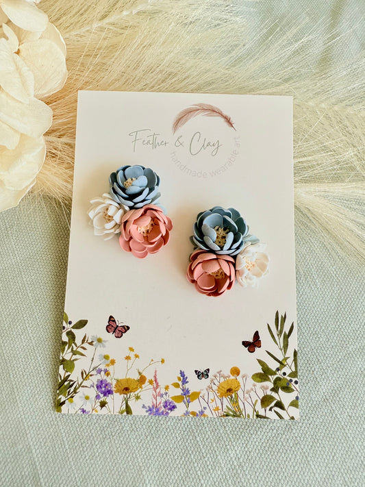 Medium Flower Cluster - dusty blue, dusty pink, white