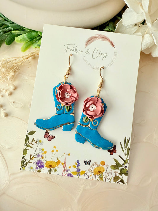 Country boots - teal with pink flower